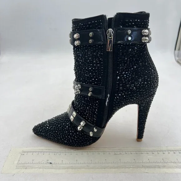 Black Studded Bling Ankle Boot Pointed Toe Crystal Embellished Zipper Shoe - Picture 2 of 7